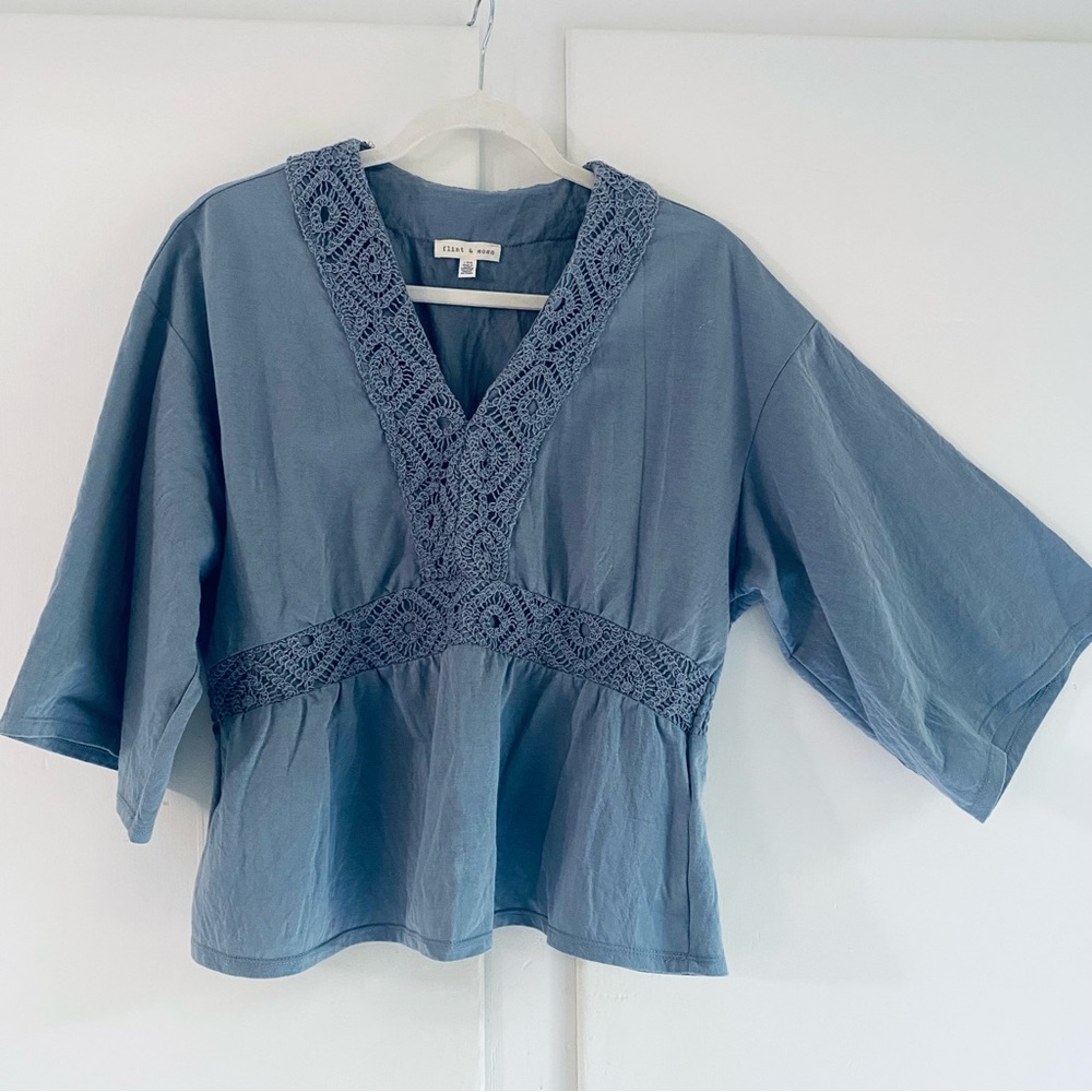 Boho Peasant Blue Crochet-Trim V-Neck Top Wide Sleeve Cotton Empire Waist L